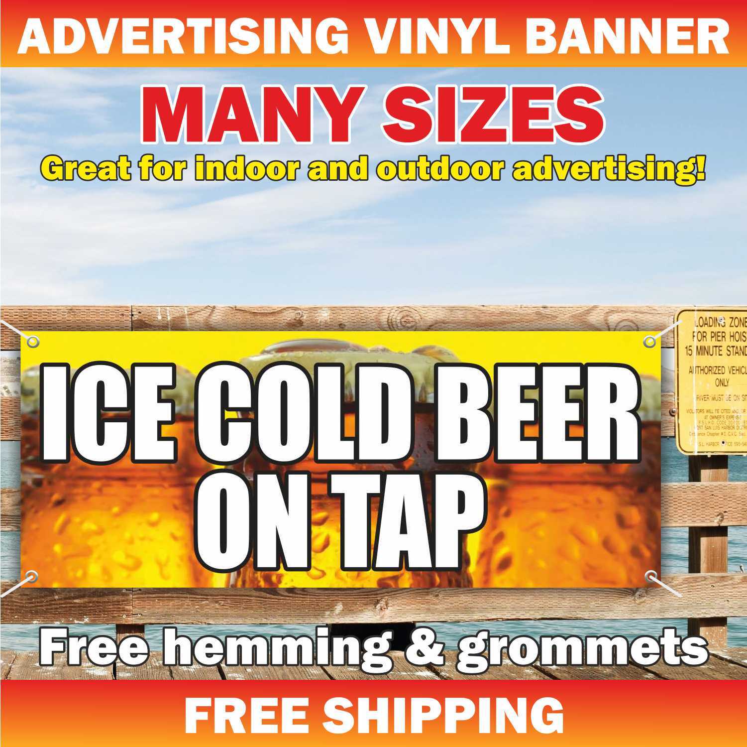 ICE COLD BEER ON TAP Advertising Banner Vinyl Mesh Sign alcohol bar wine cerveza