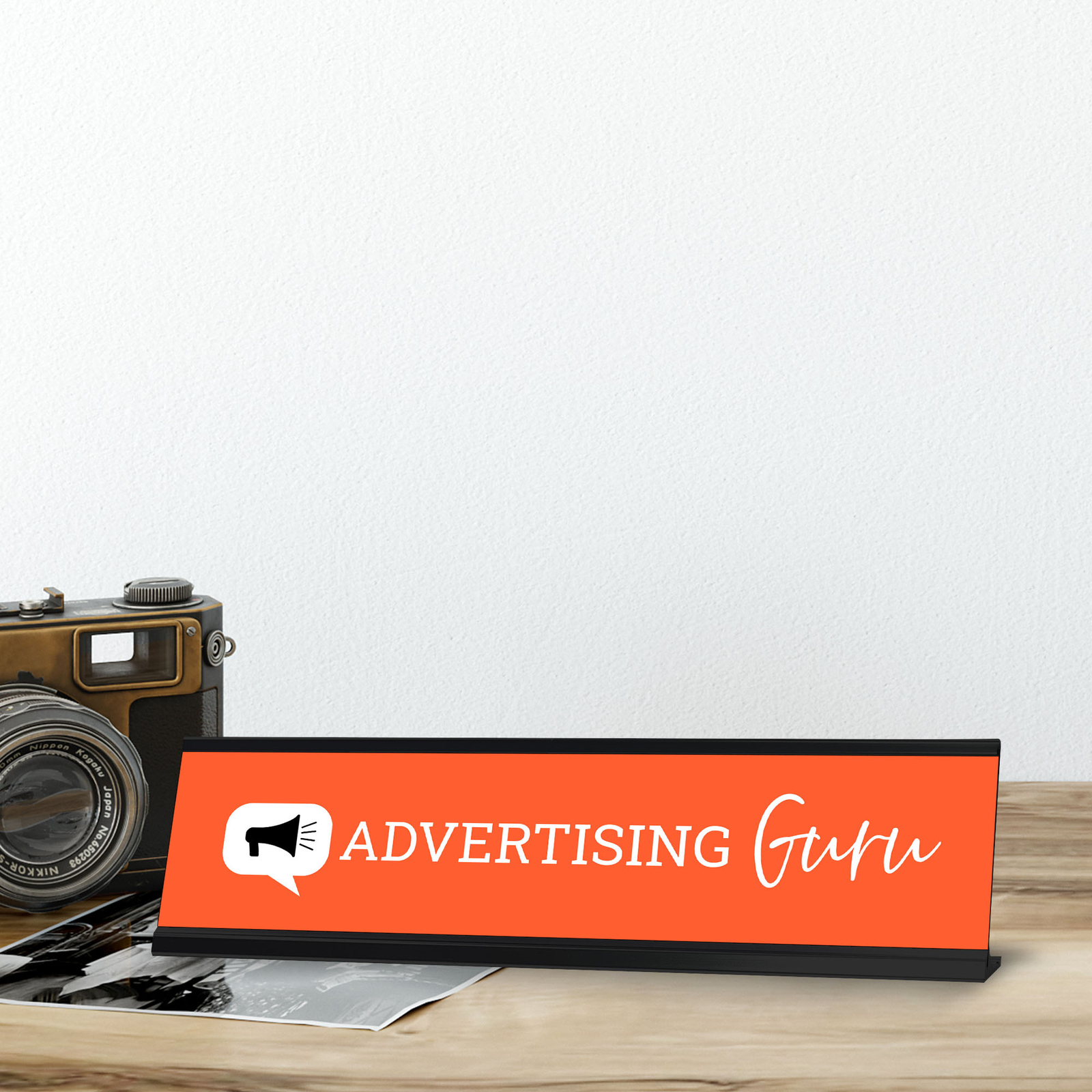 Advertising Guru, Orange Black Frame, Desk Sign (2 x 8″)