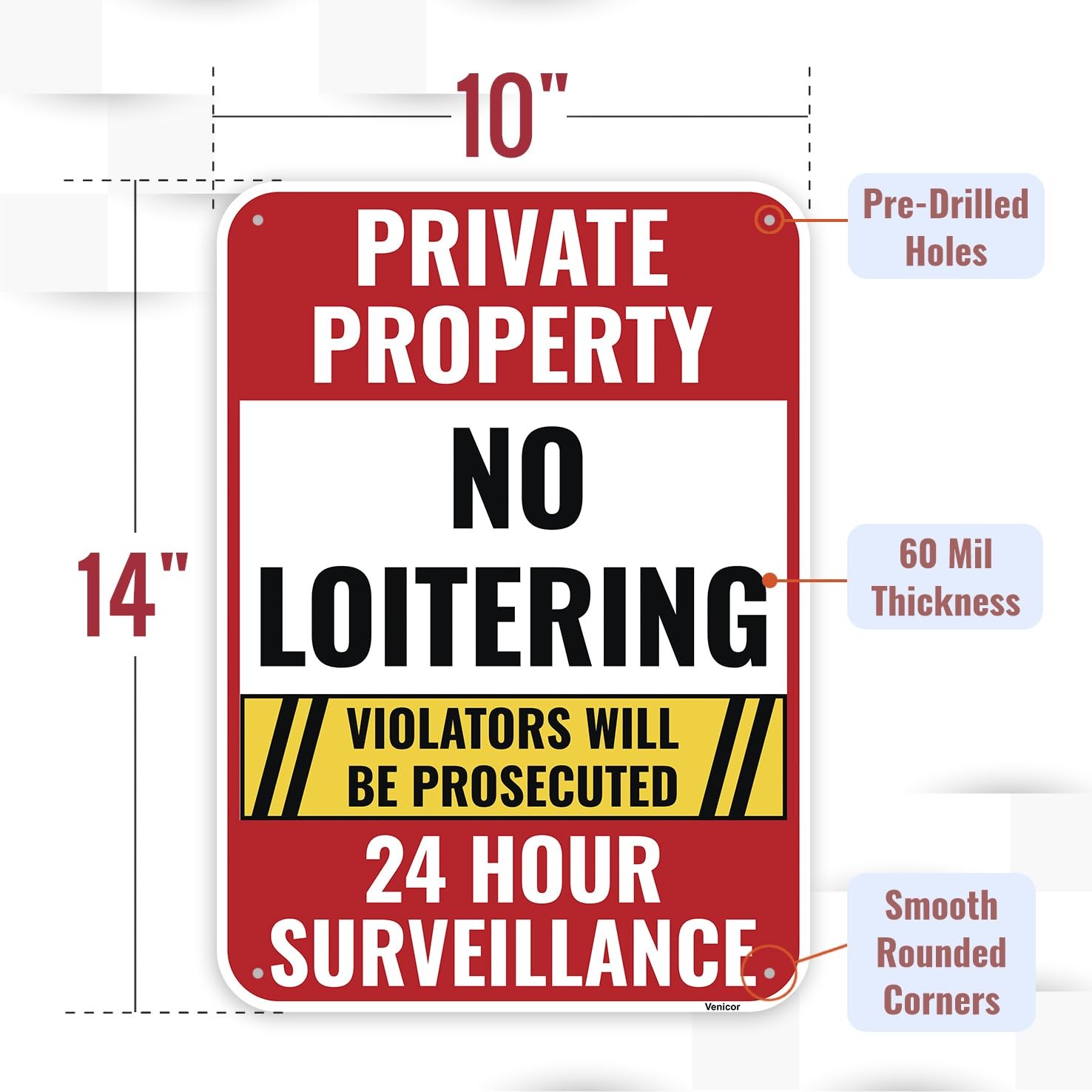 1PC Private Property No Loitering Sign, 14 x 10 Inches – Aluminum – Violators…