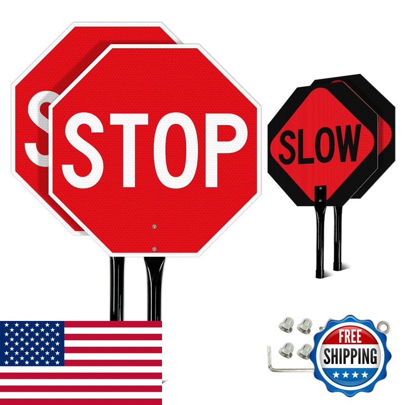 Gicnkeuz Stop Slow Sign Metal Handle 18X18 Inches Double Sided Slow/Stop Sign