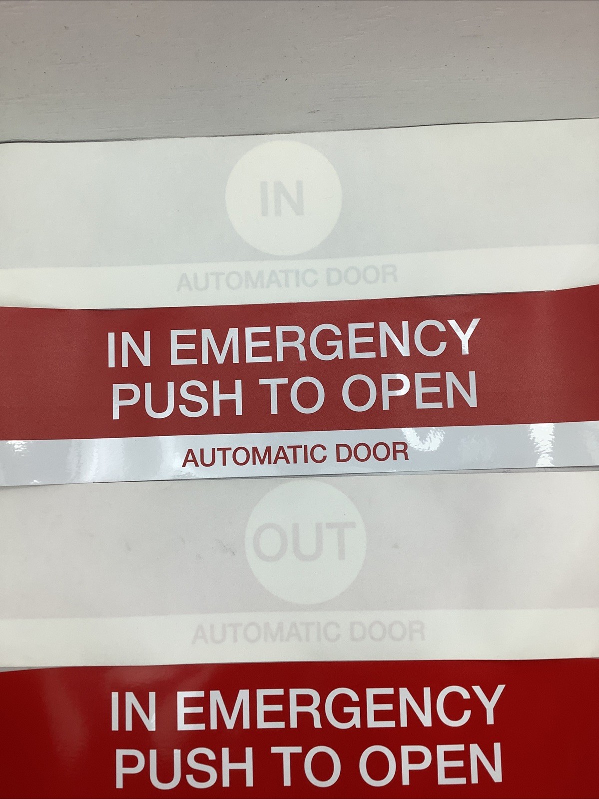 x13 In & Out Decals “IN EMERGENCY PUSH TO OPEN” AUTOMATIC DOOR 27″ x 5-5/8″