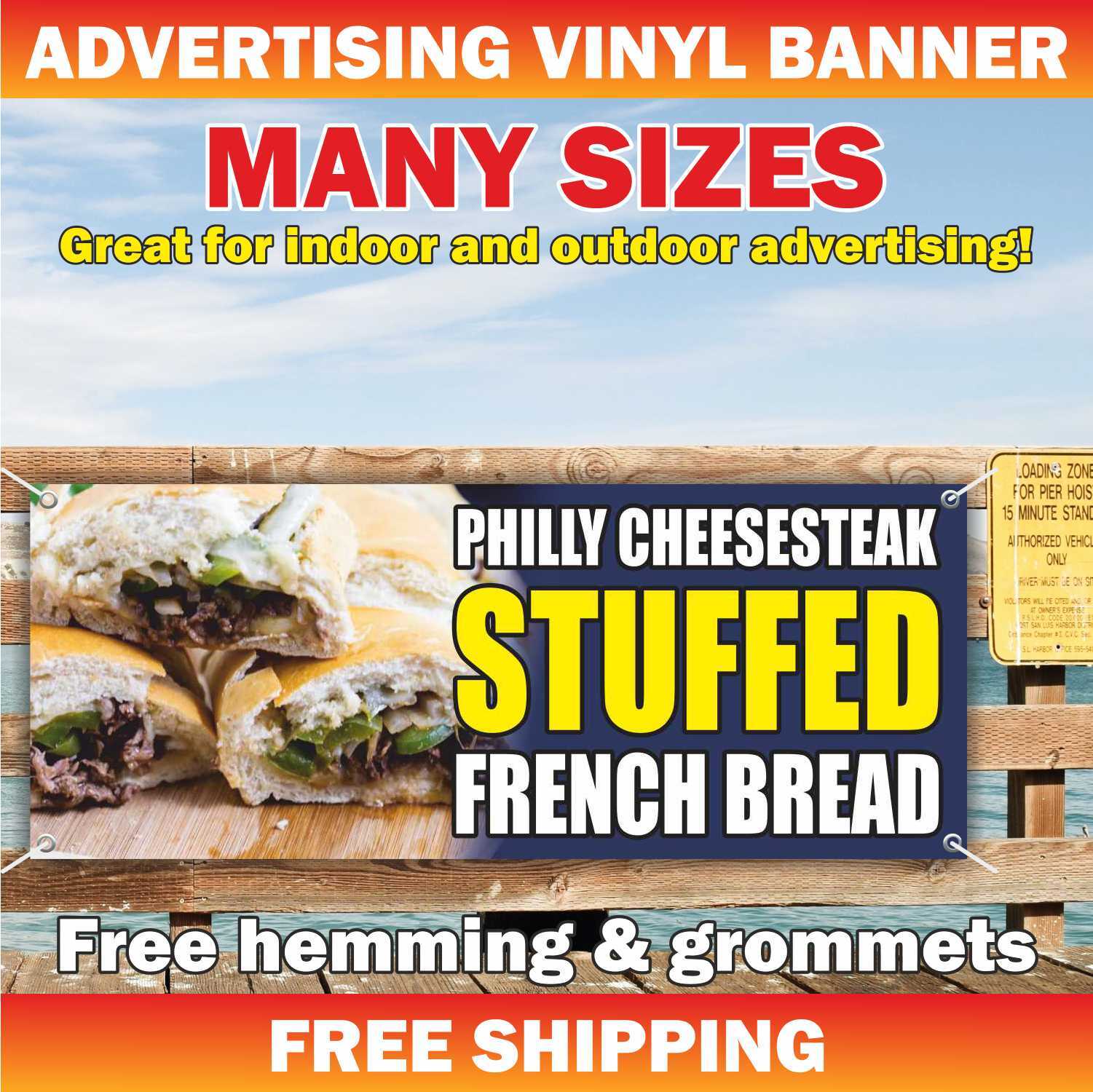 PHILLY CHEESESTEAK STUFFED FRENCH BREAD Advertising Banner Vinyl Mesh Sign Food