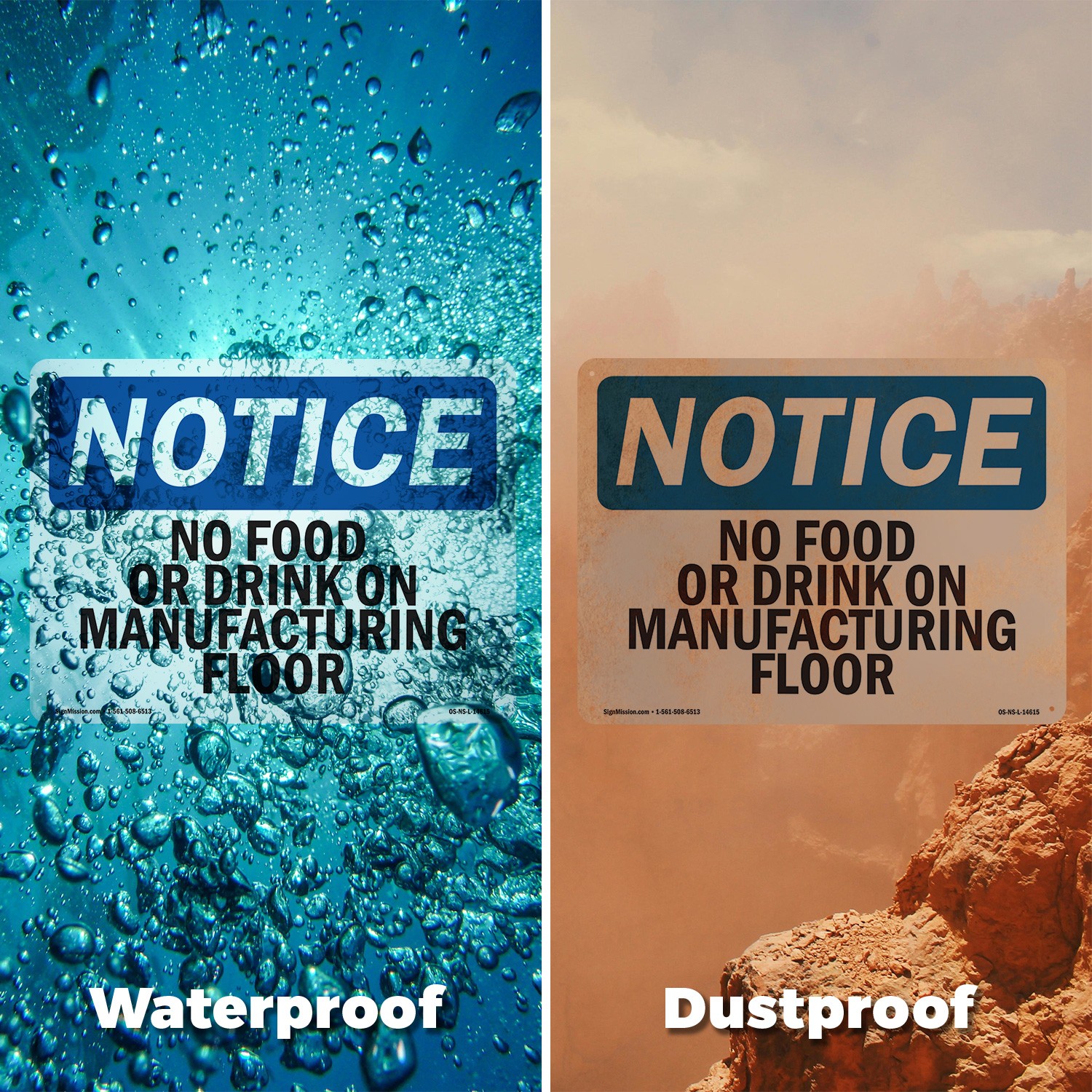 No Food Or Drinks On Manufacturing Floor OSHA Notice Sign, Decal 5 or 10 Pack