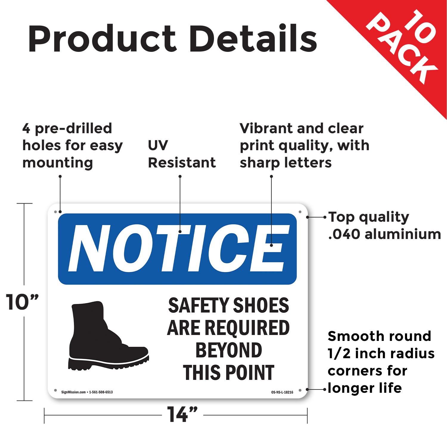 Safety Shoes Are Required Beyond OSHA Notice Sign Metal, Decal – 5 or 10 Pack