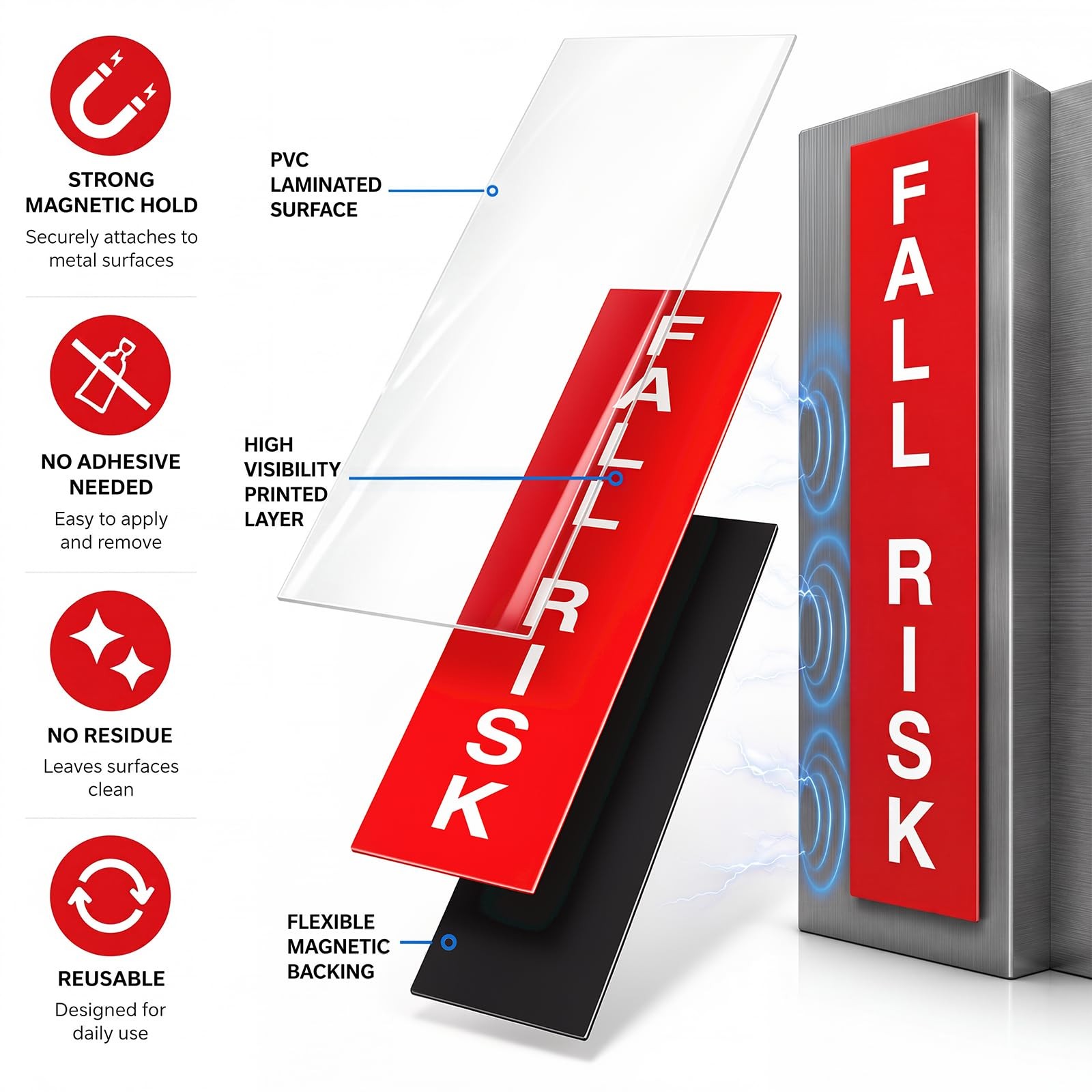 10 Pack Falls Risk Magnet Sign Vertical Red Warning Signs, Reusable Anti-fall…