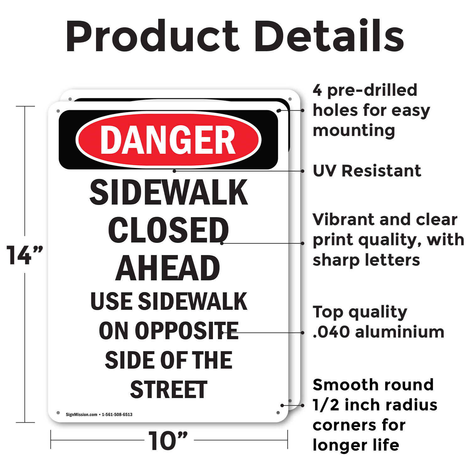 (2 Pack) Sidewalk Closed Ahead Use Sidewalk OSHA Danger Sign Decal Metal Plastic