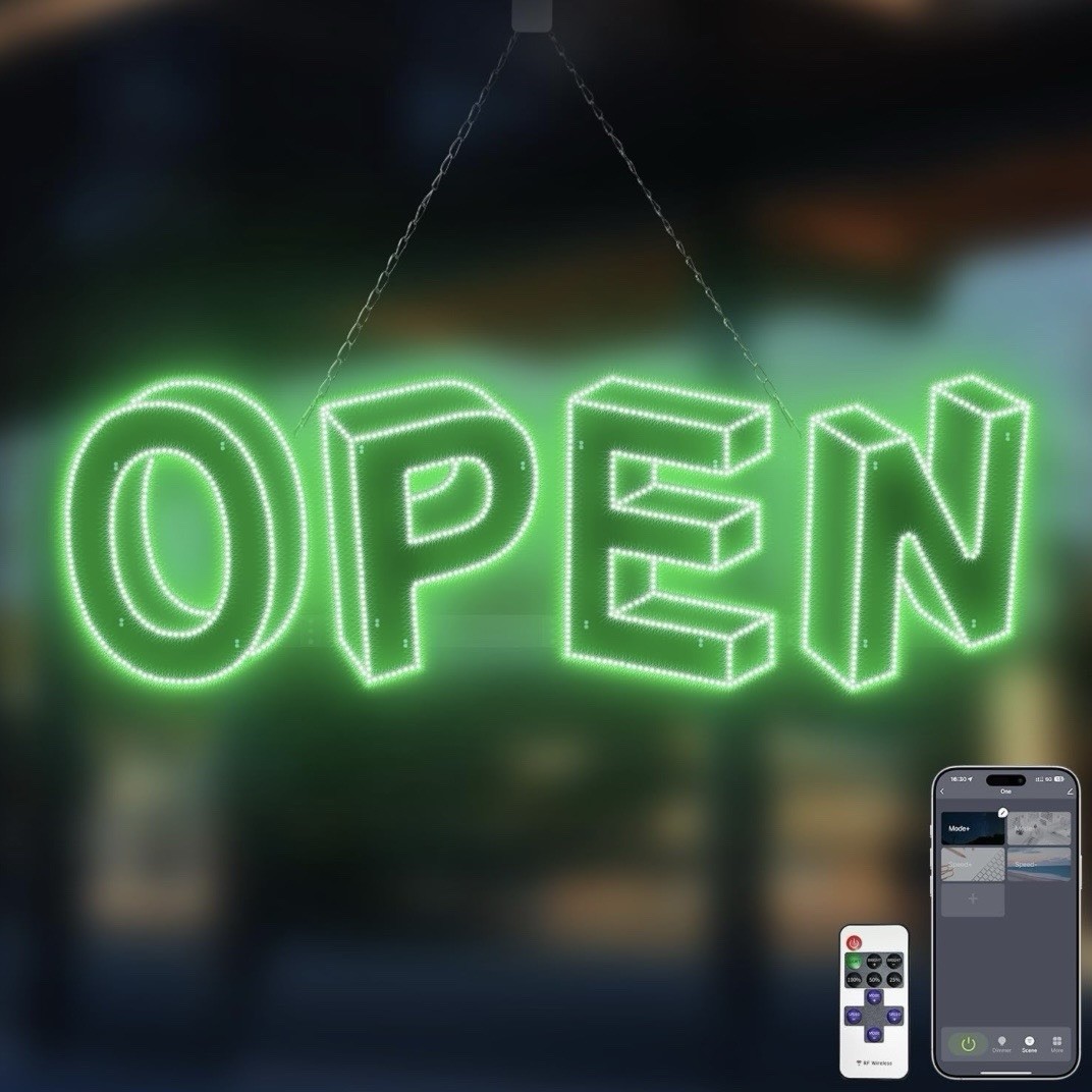 3D LED Open Sign, 37”X 12”, Timer Settings, Adjustable Brightness with 14 Modes