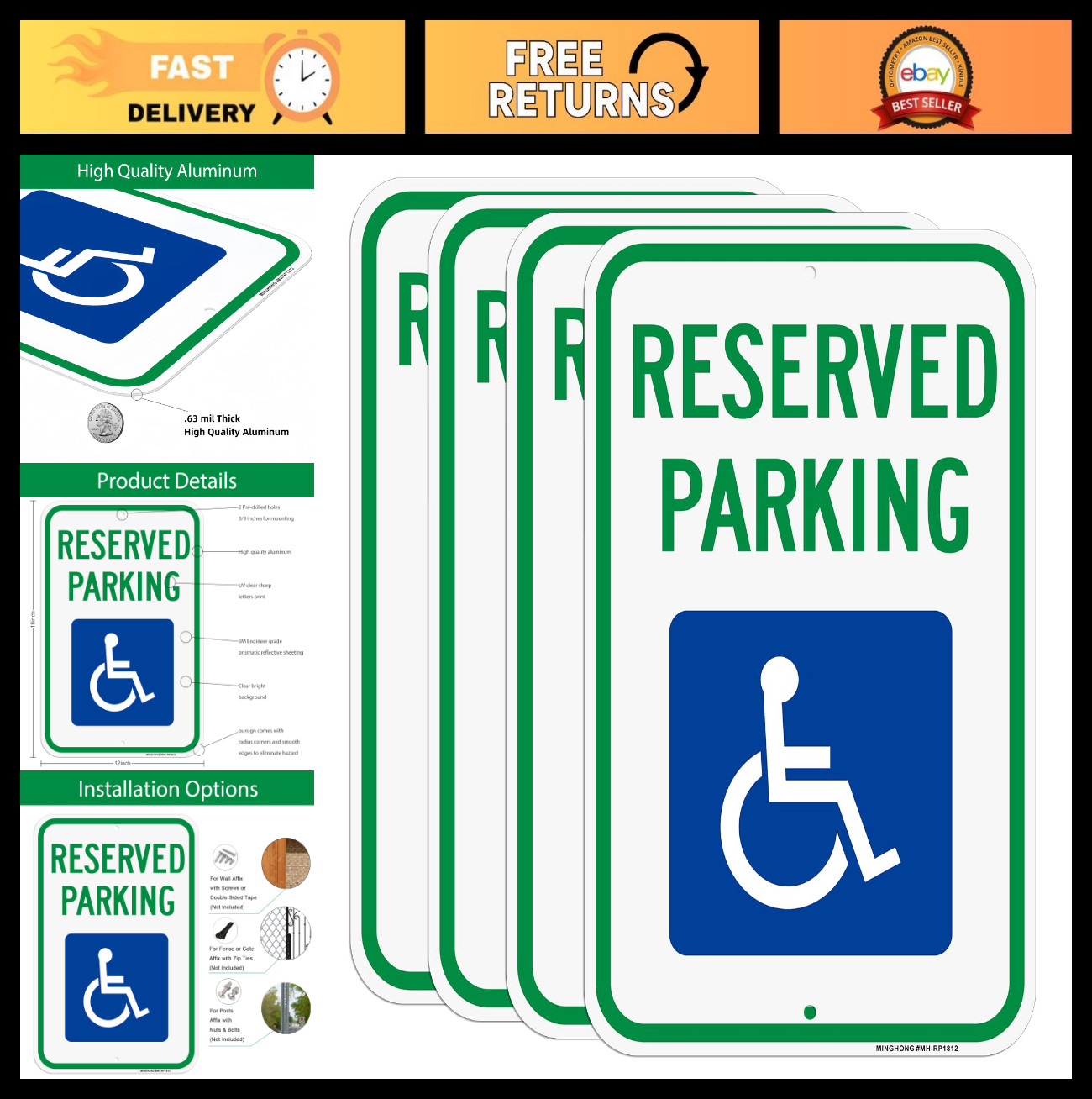 Handicap Parking Sign 4 Pack – 12″x18″ Heavy-Duty Reflective Reserved Signs, Rus