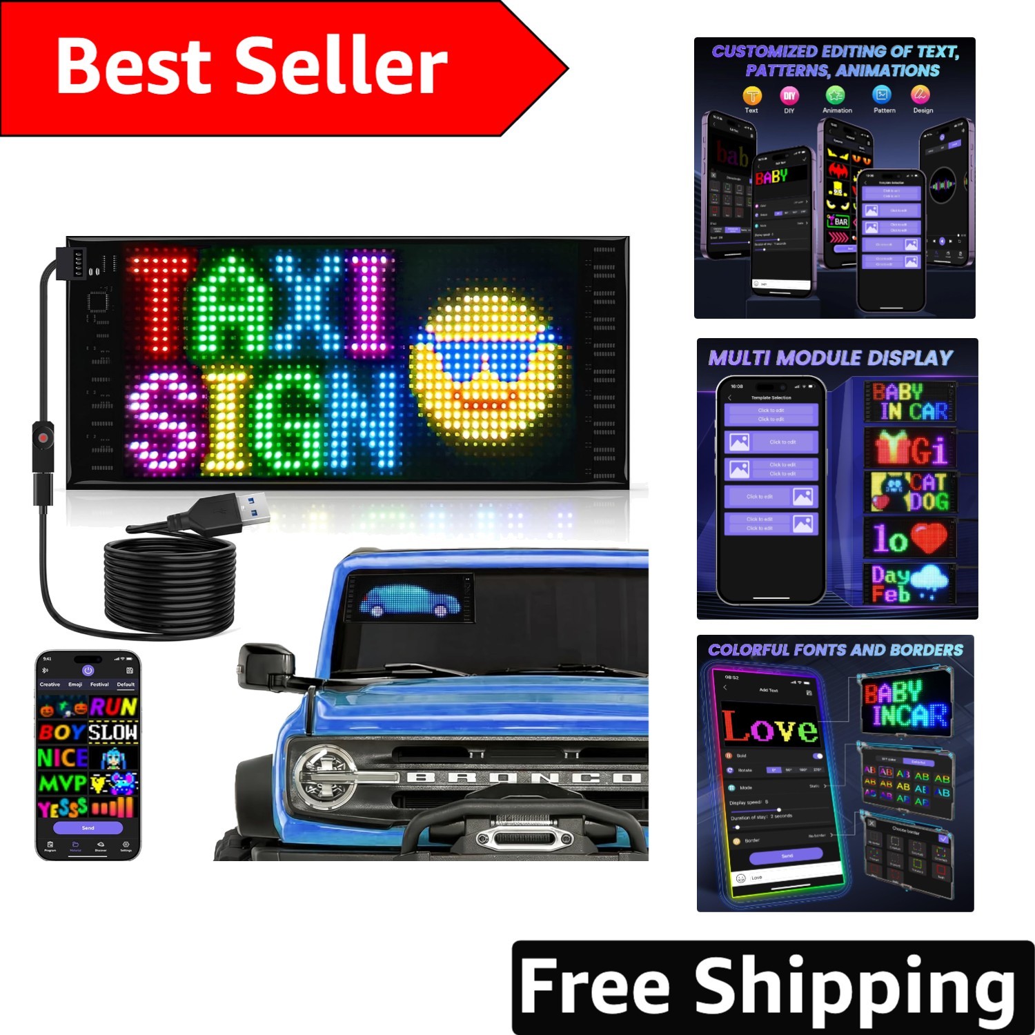 Vibrant Dual Row LED Light Sign for Cars – 10.6”x4.7” with APP Control