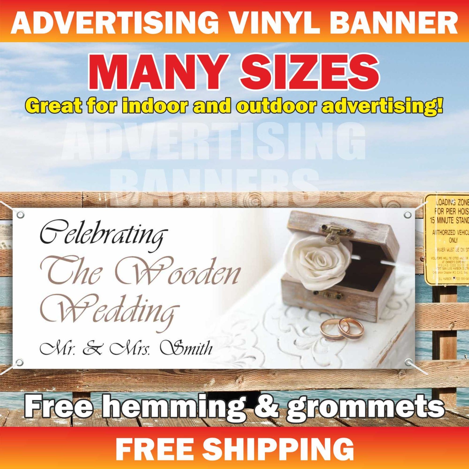 Celebrating The Wooden Wedding Advertising Banner Vinyl Mesh Sign Custom Name