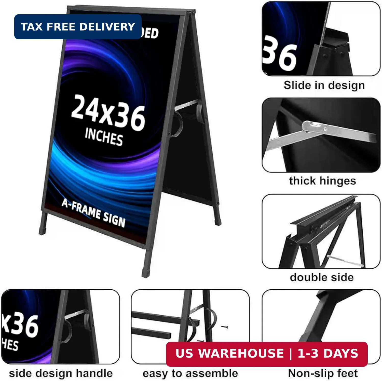 Heavy Duty Slide-in Folding Sandwich Board A-Frame Sidewalk Sign 24×36 Inch Blac