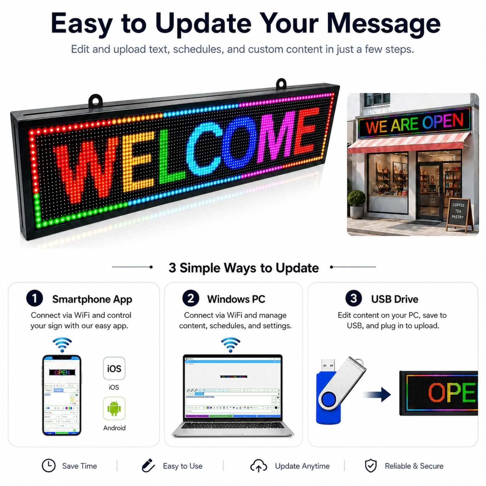 CMEIXINOR WiFi Programmable LED Sign 40″ x 8″, Outdoor P10 Store Sign