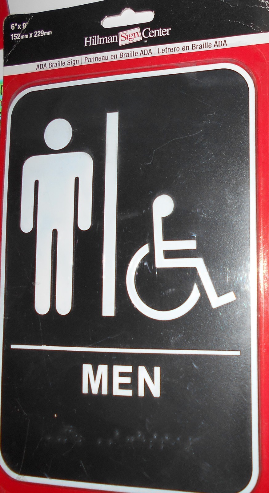 2 Restroom – Men & Wheelchair Pic Signs. 6″ x 9″ Self Adhesive Braille too #NM3