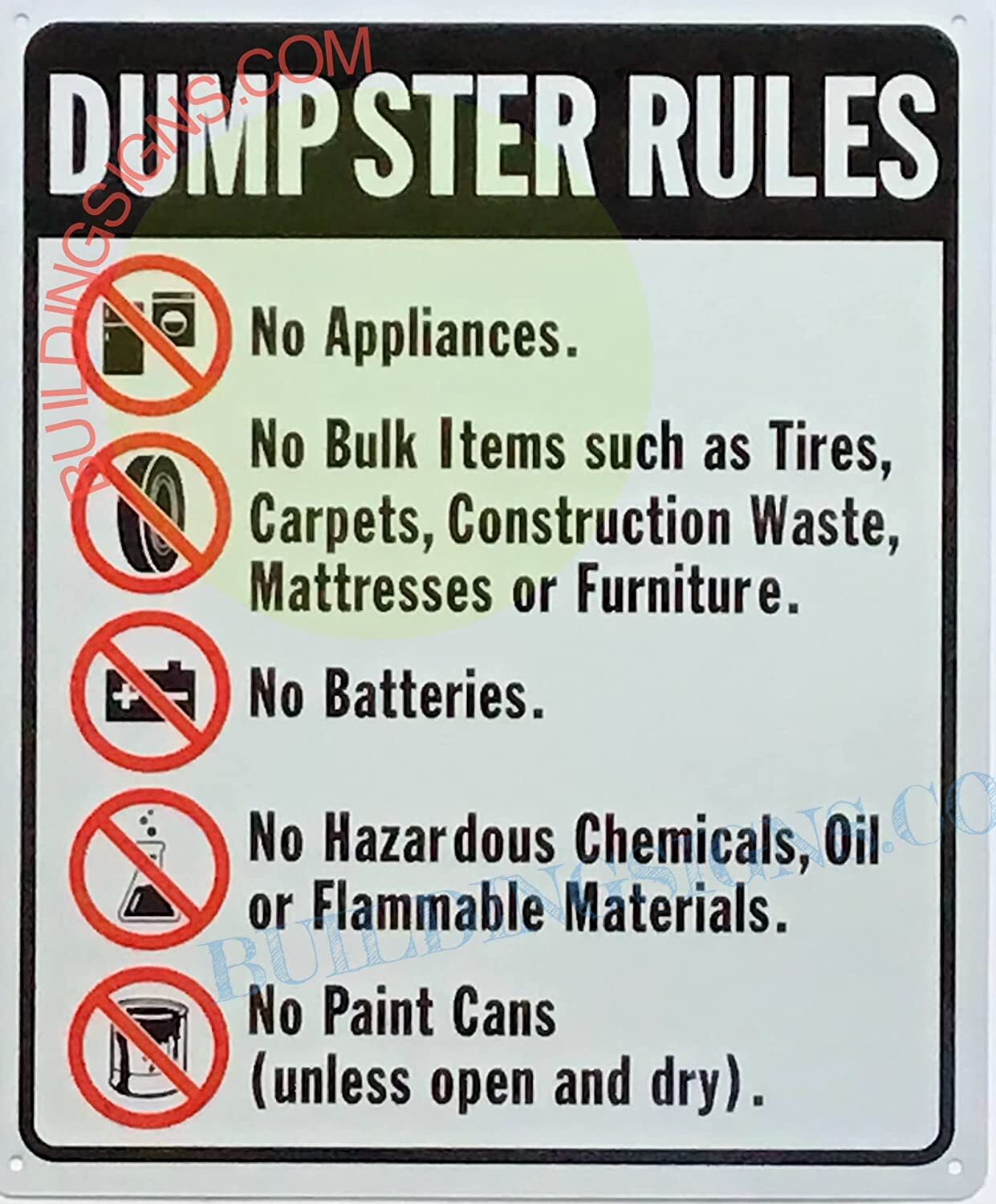 Dumpster Rules Sign (White, Reflective, Aluminum 10×12)-REF24-1027