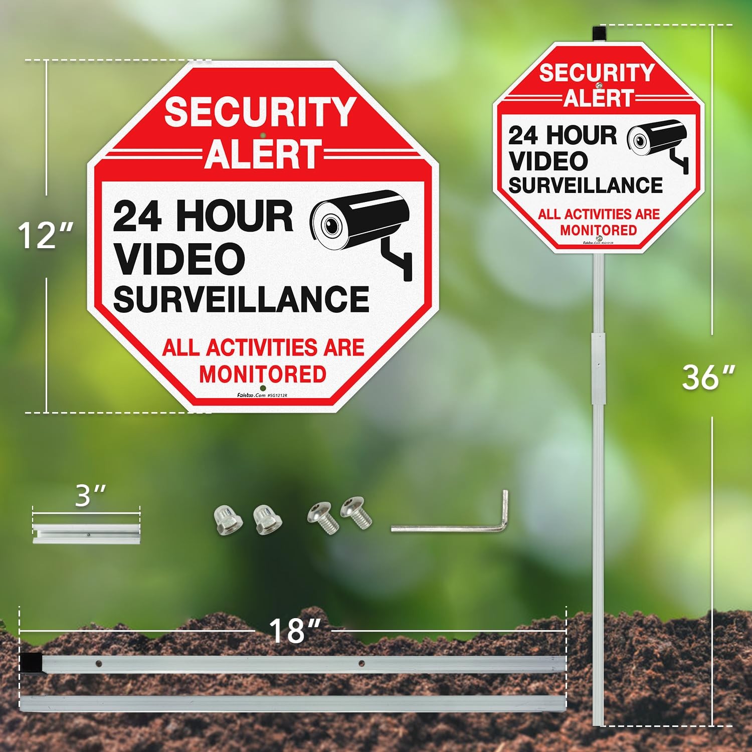 2-Pack 12×12 Video Surveillance Security Sign, 36 Stake, Reflective Aluminum