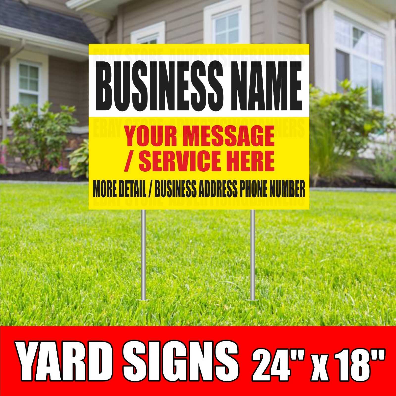 BUSINESS NAME Yard Sign with H-Stakes MESSAGE SERVICE HERE Custom Phone Number