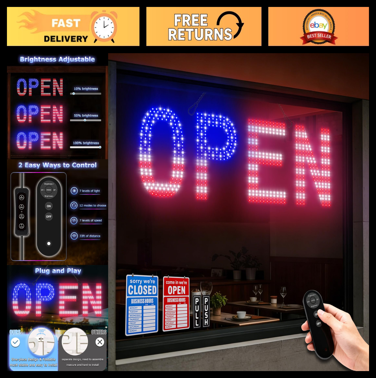 Large LED Open Sign for Business – 30″x10″ Bright Remote Control, Dimmable, 12 M