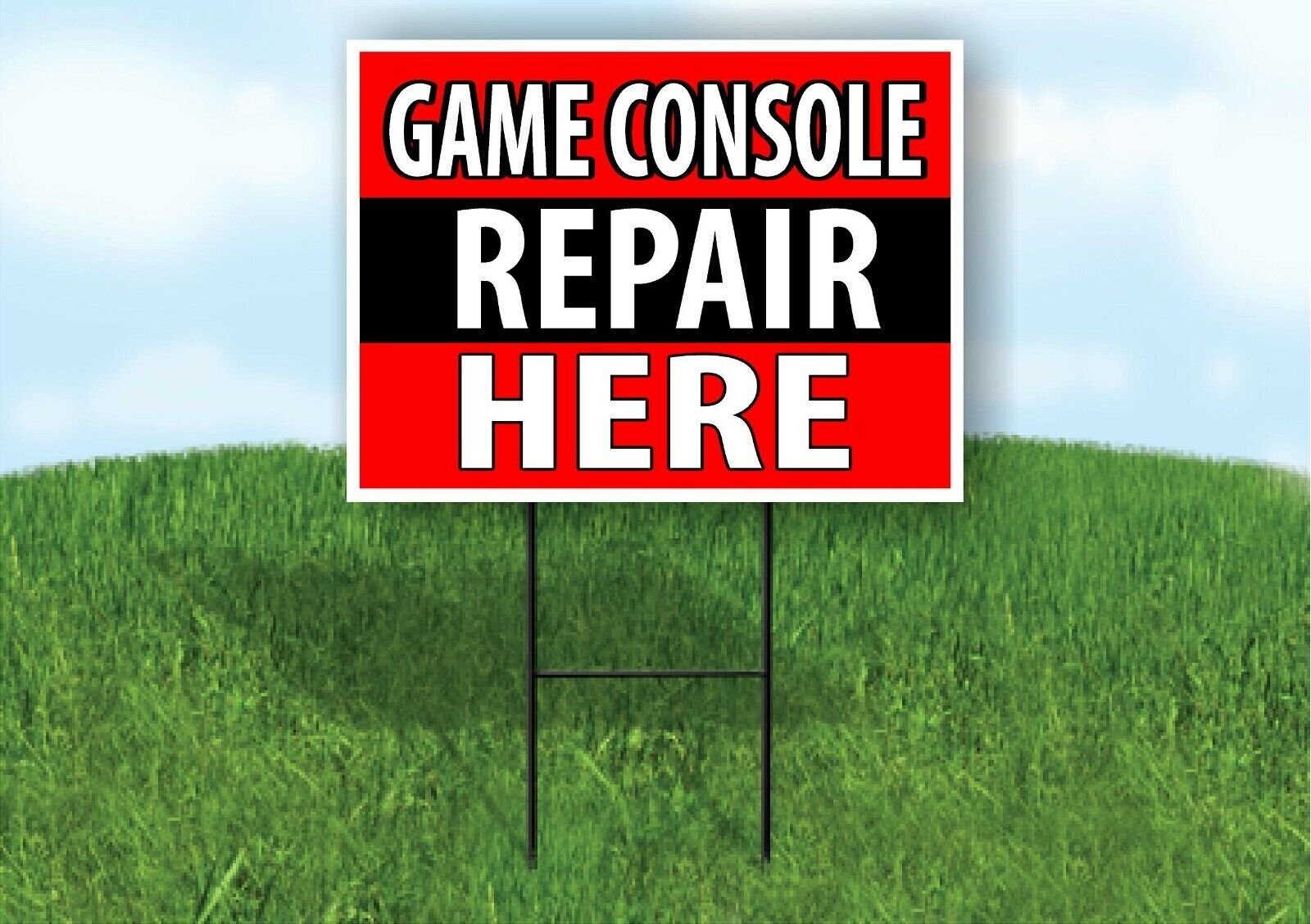 Game Console REPAIR HERE BLACK STRIPE Plastic Yard Sign ROAD SIGN with Stand