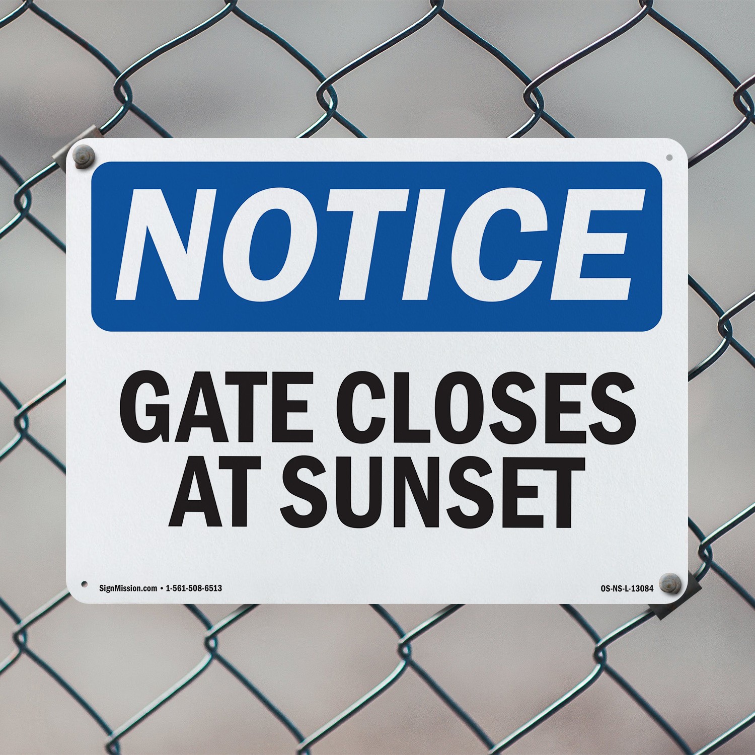 Gate Closes At Sunset OSHA Notice Sign Metal, Plastic, Or Decal – 5 or 10 Pack