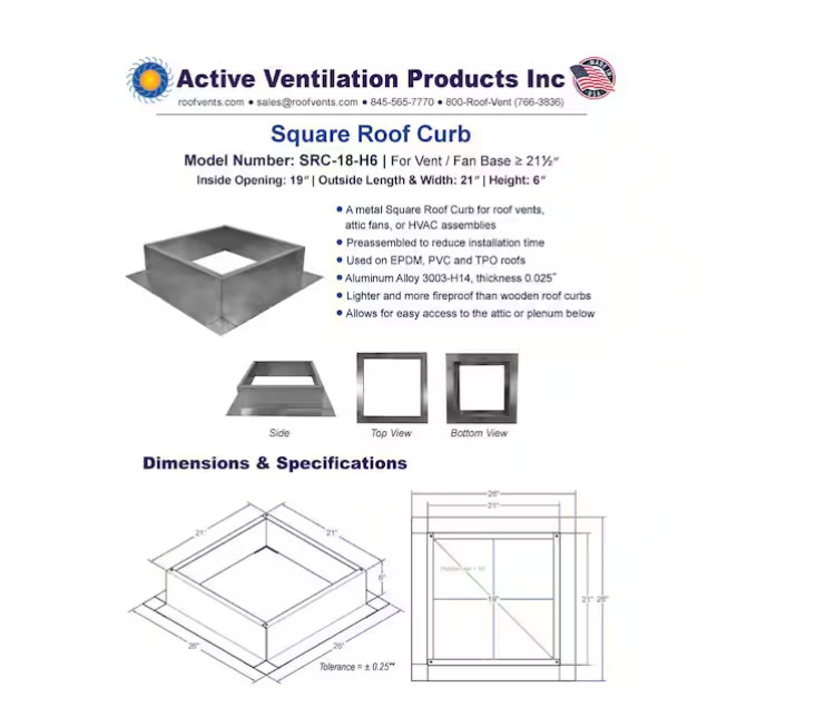 Box Is 21 In. Wide X 21 In. Long X 6 In. High Aluminum Roof Curb
