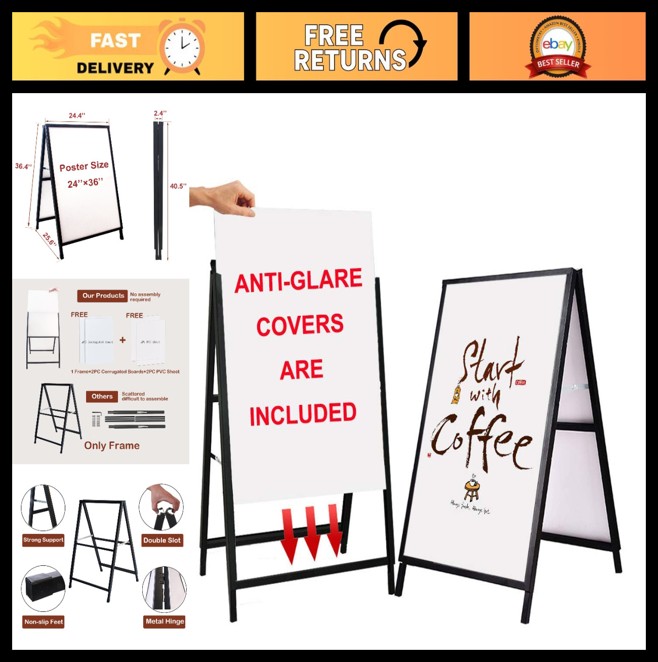 Heavy Duty Sidewalk Sign 24×36″ Double-Sided A-Frame with Anti-Glare Covers, Bla