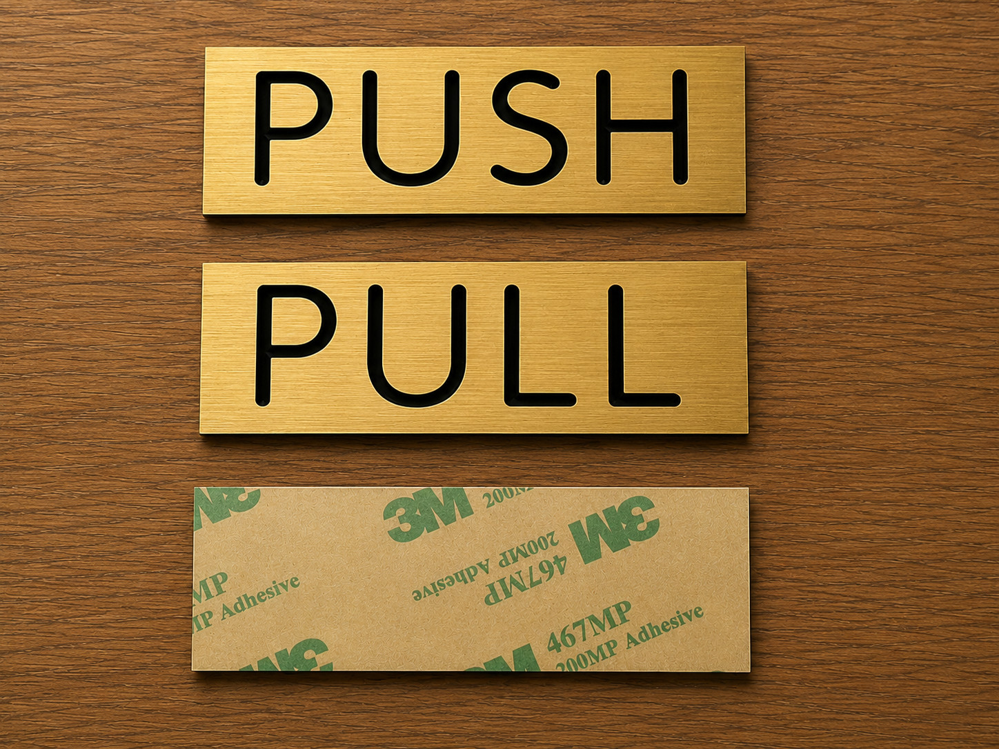 pair – Engraved PUSH and PULL Brushed Gold finish 1×3 Glass Door Signs plaques