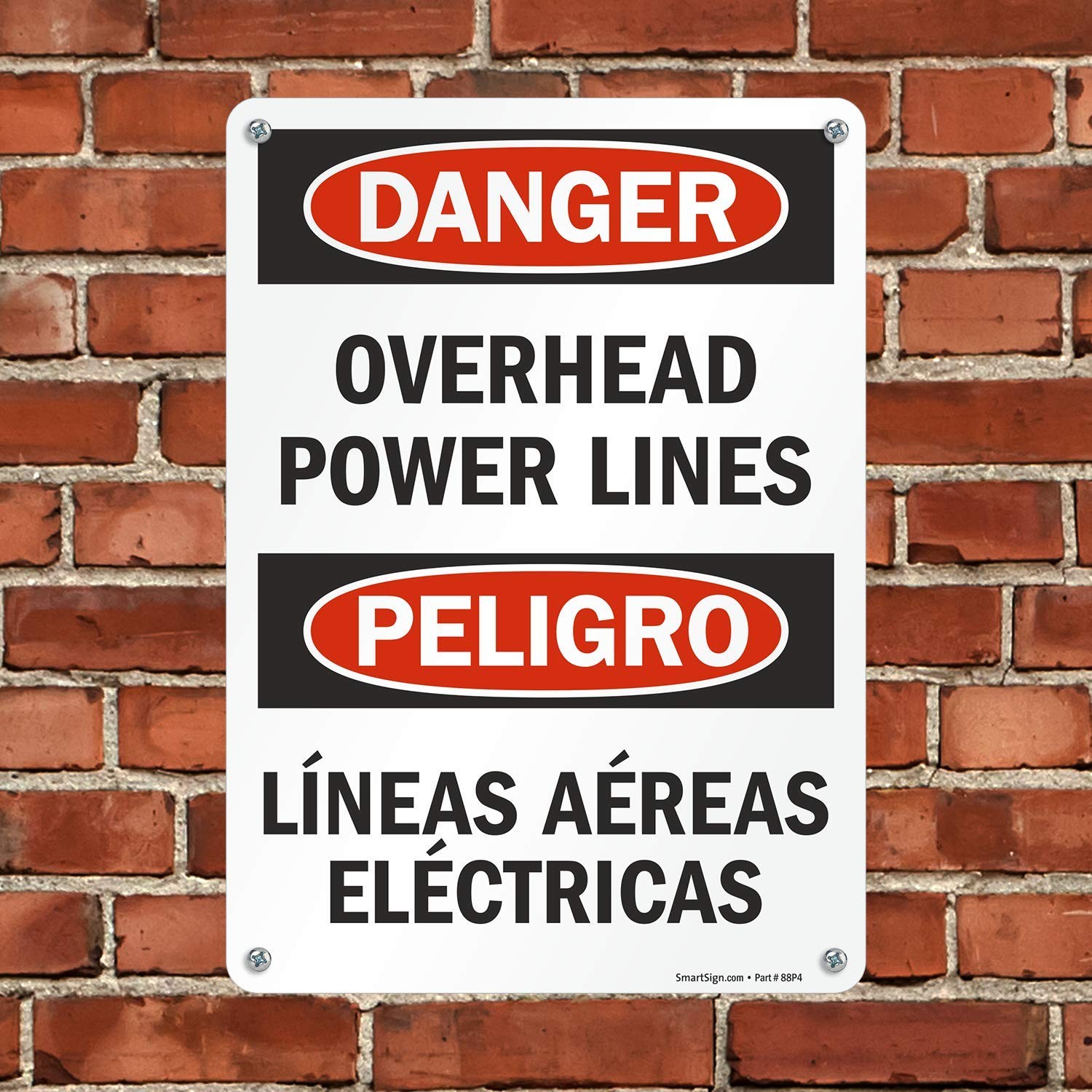 10×14 Inch Plastic Bilingual Sign Danger Overhead Power Lines Safety Warning