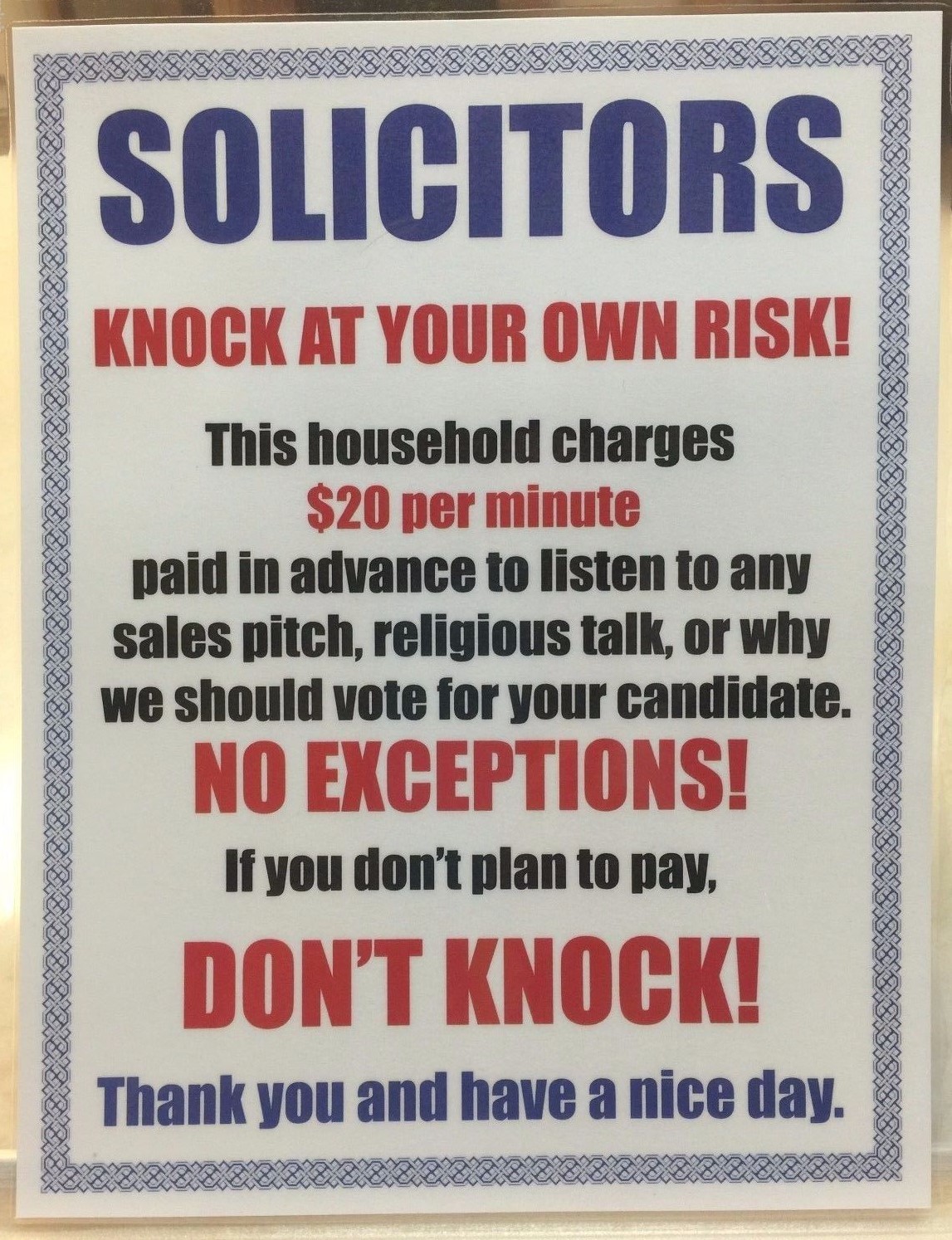 2x FUNNY NO SOLICITORS SOLICITING sign water resistant self adhesive stickers