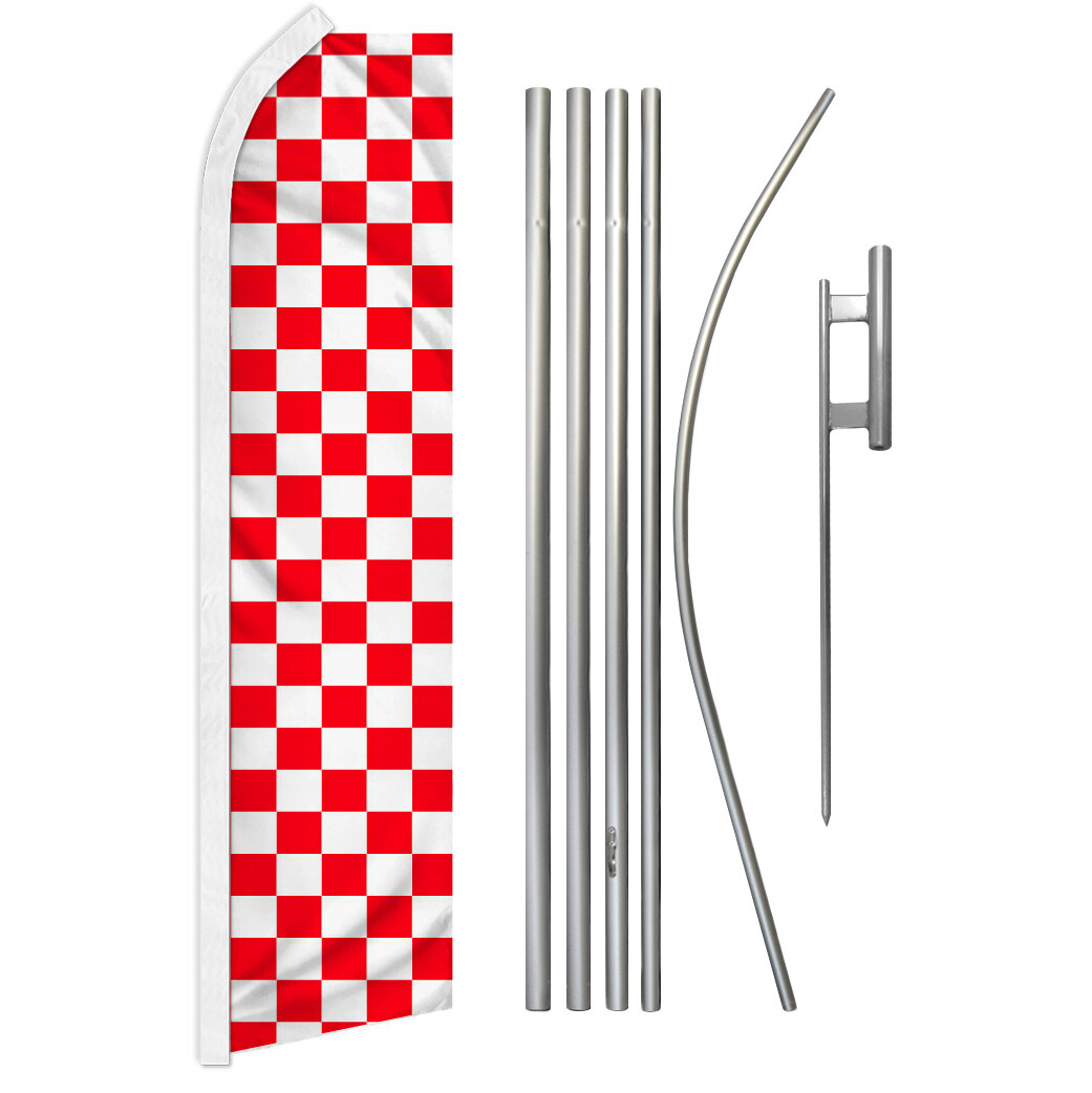 Red & White Checkered Swooper Flutter Feather Advertising Flag Pole Kit Racing