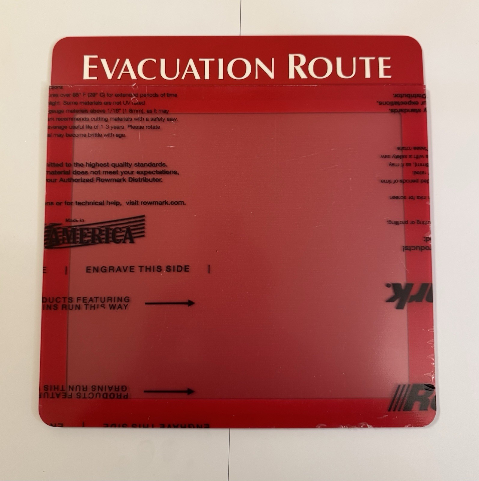 Evacuation Route Glow Insert for Evacuation Sign Frame Red New Made In America
