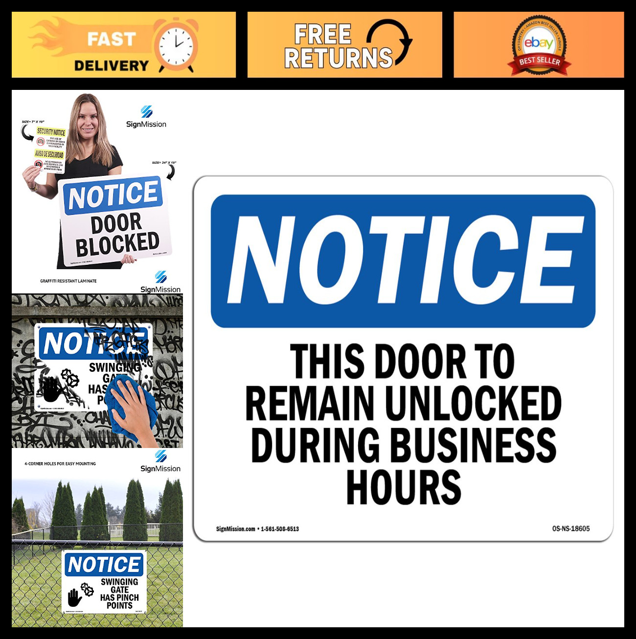OSHA Notice Sign – Door Must Remain Unlocked During Business Hours | Durable Pla