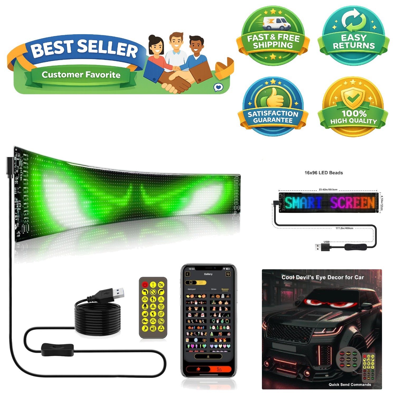 Versatile USB-Powered LED Display Sign for Cars – Custom Messages and Animations