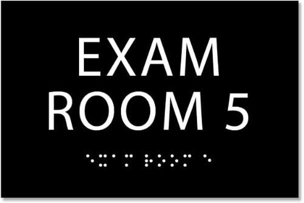 EXAM Room 5 Sign with Tactile Text and Braille Sign-(Black/Silver,5X7)