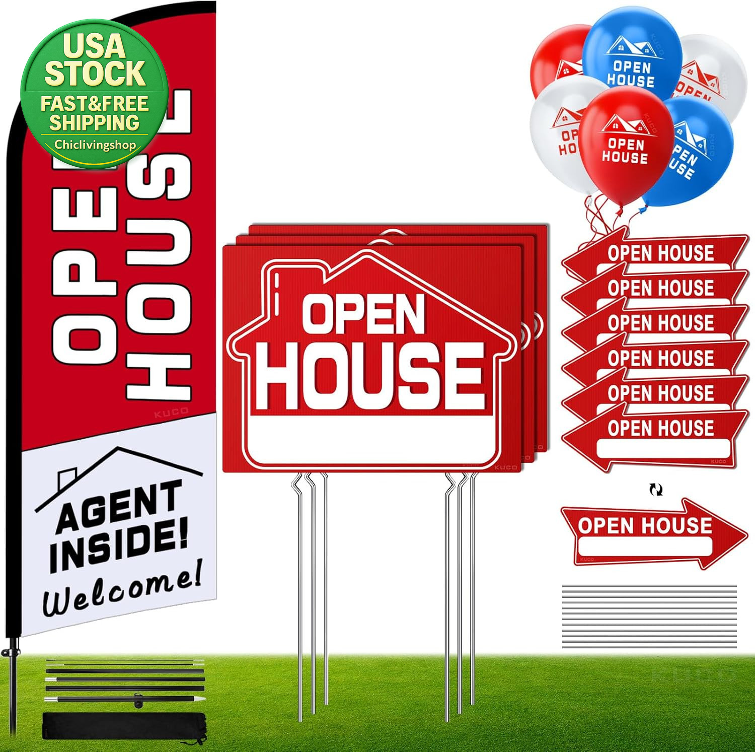 Open House Signs Kit 45 Pcs with Flag Directional Arrows Balloons for Real
