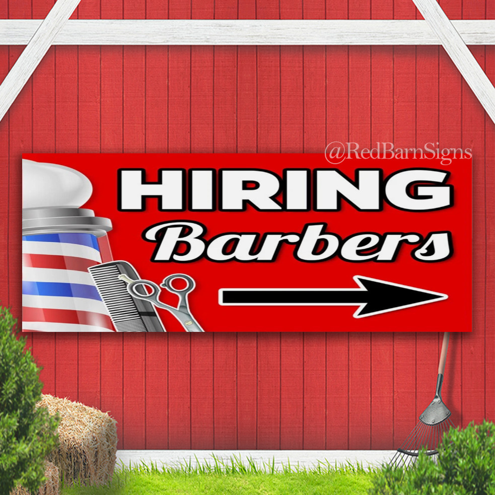 Hiring Barbers Arrow Indoor Outdoor Banner Sign with grommets