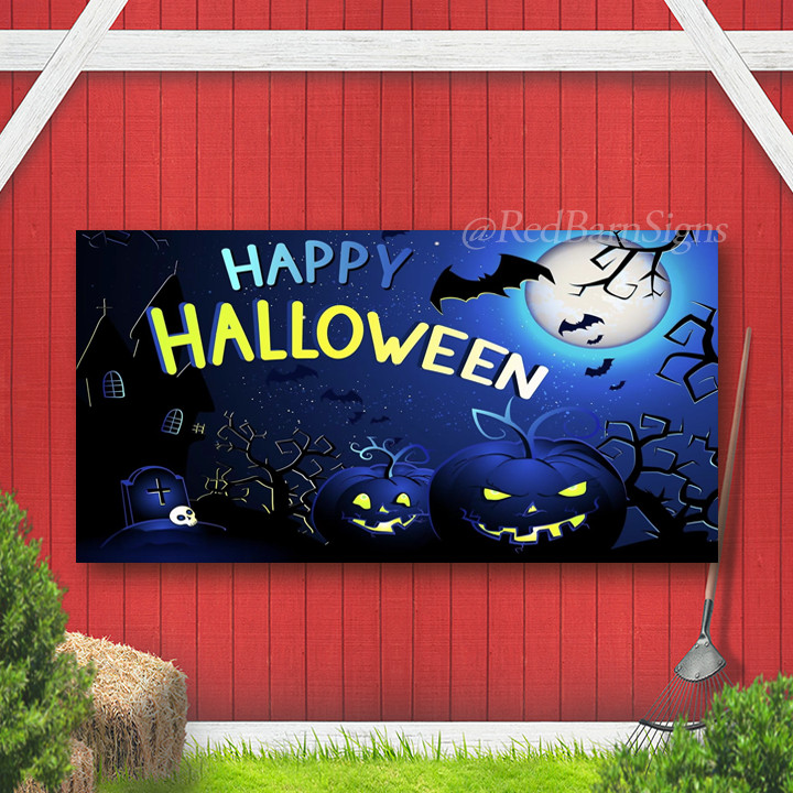 Happy Halloween Scene with Full Moon Castle Grave and Bats Outdoor for Home Hous