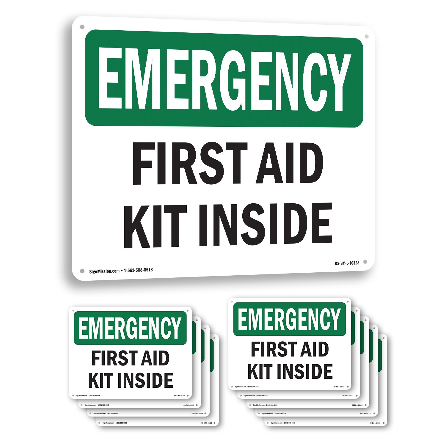 First Aid Kit Inside OSHA Emergency Sign Metal, Plastic, Or Decal – 5 or 10 Pack