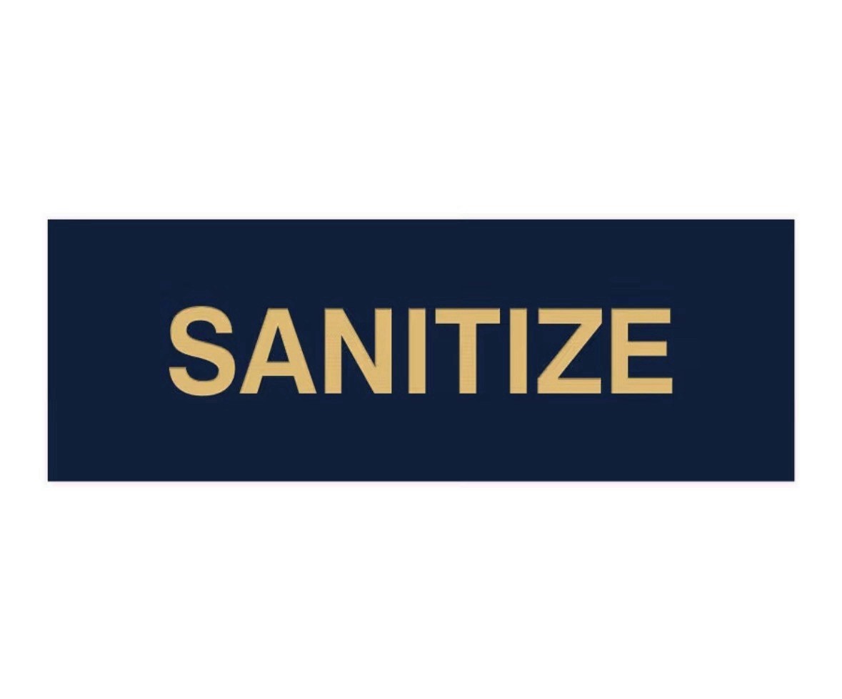 Basic Sanitize Sign Self Adhesive Navy Blue And Gold 2”x6”