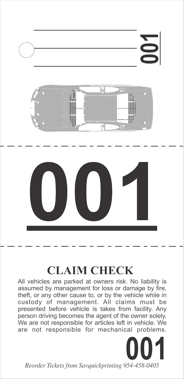 Valet Parking Tickets (1000) – Vehicle Claim Tags with Car Diagram – Valet Stubs
