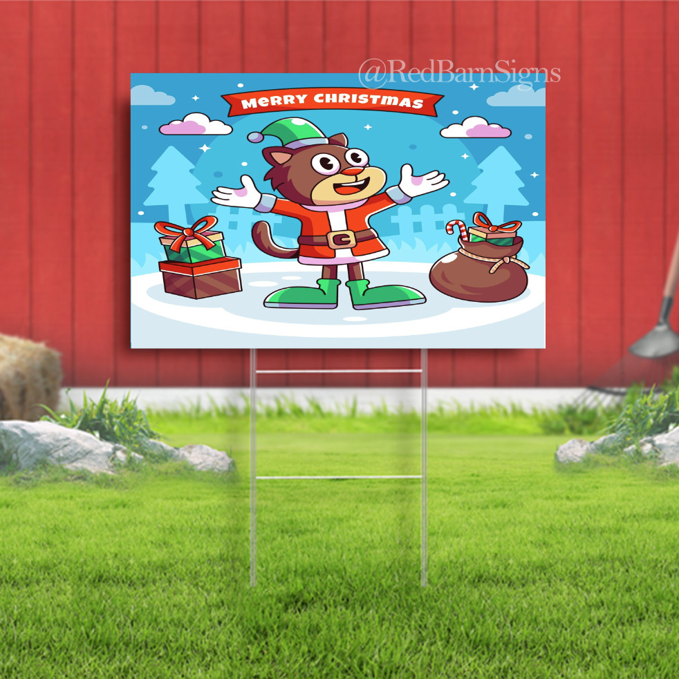 Christmas season with cartoon cat Lawn Yard Sign Single-Sided with metal H-Stake