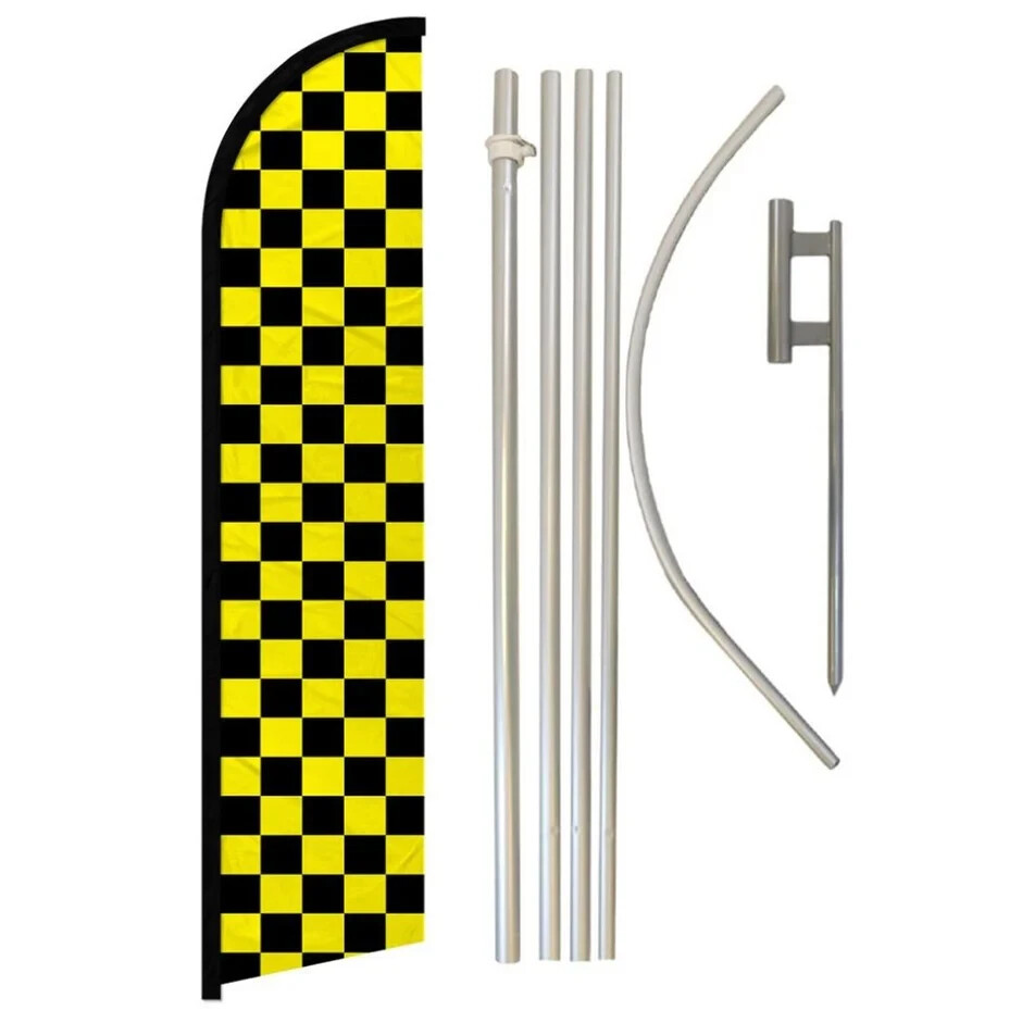 Yellow & Black Checkered Windless Advertising Banner Flag & Pole Kit