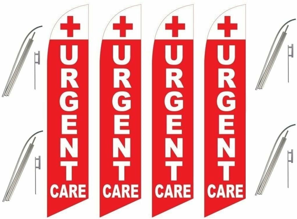 Four Full Sleeve Swooper Flags w/ Poles & Spikes URGENT CARE Red White w Red…