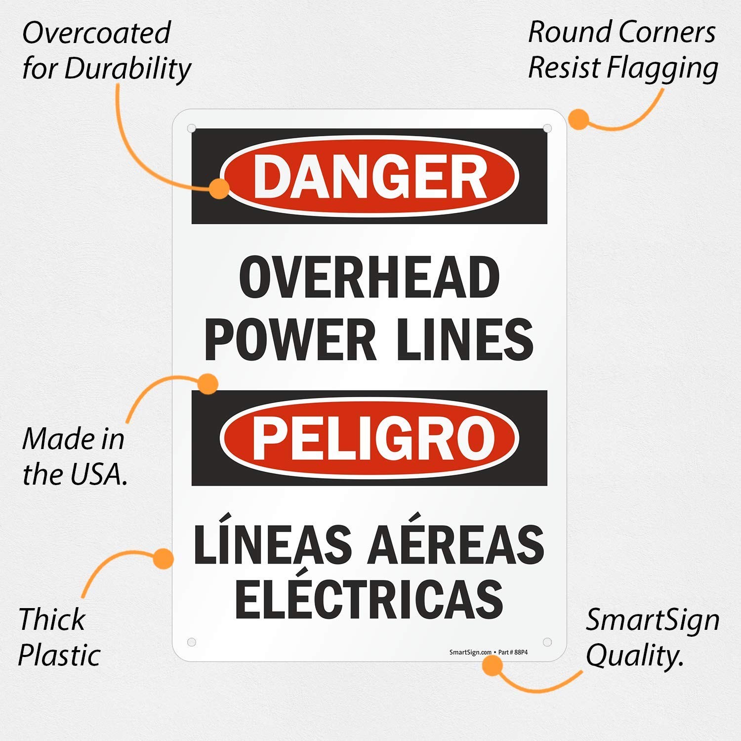 10×14 Inch Plastic Bilingual Sign Danger Overhead Power Lines Safety Warning