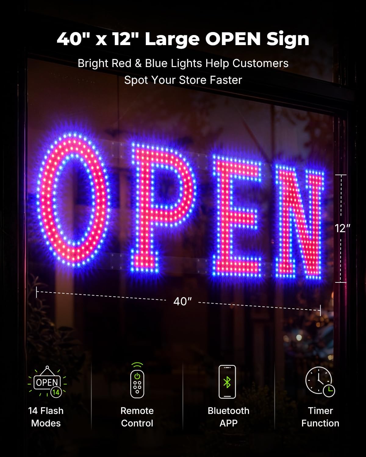 40 x 12 Inch LED Open Sign for Business – Timer via BT APP & Remote Control, …