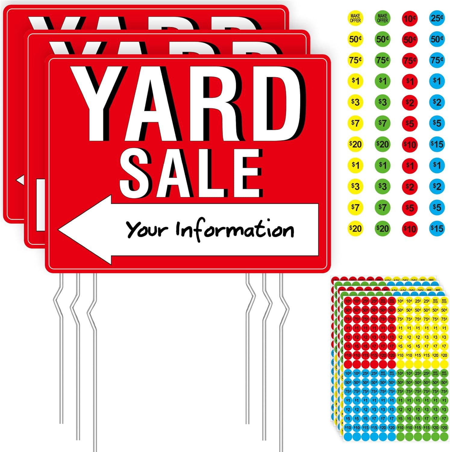 Yard Sale Sign, 3PCS Double Sided Yard Sale Signs with 6 Metal Stakes & 960 Sale