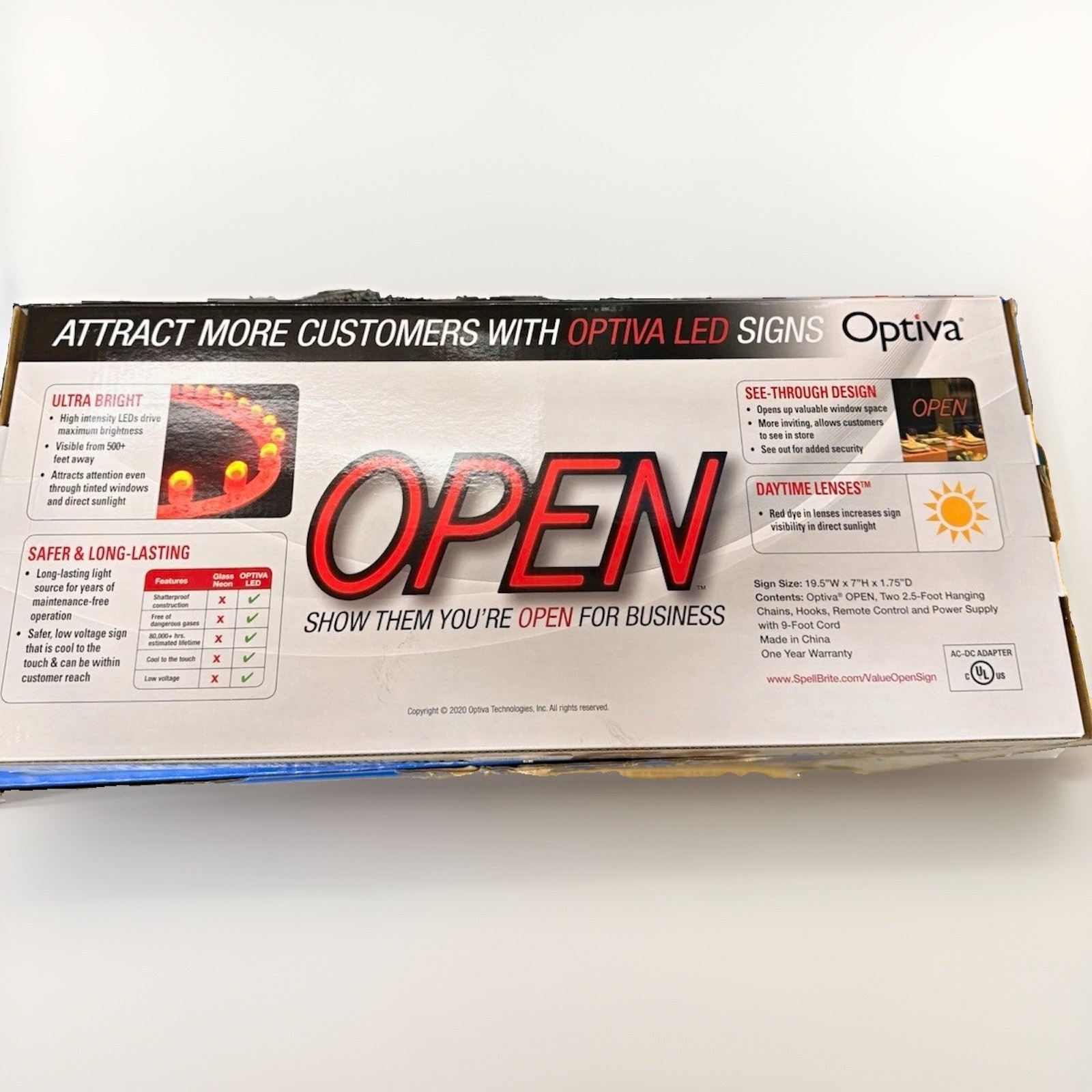 Optiva OPEN LED Neon Illuminated Sign Red w/ Remote Control Hanging