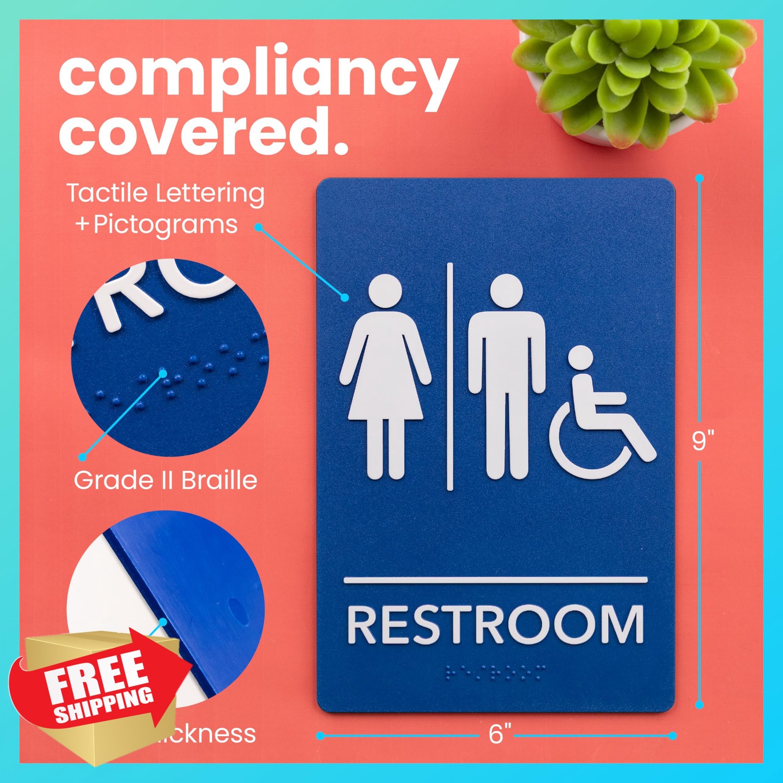 ExcelMark 6″x9″ Blue ADA Bathroom Sign Unisex Handicap Double Tape