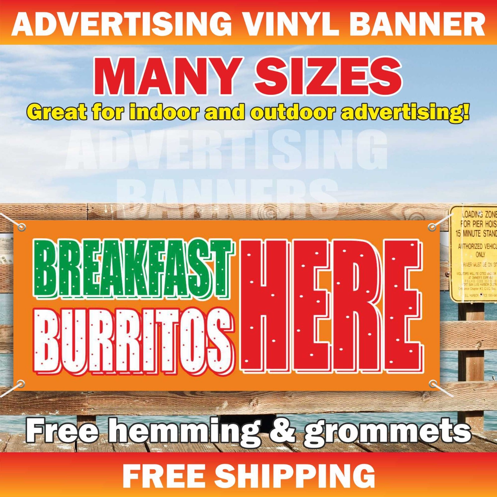 BREAKFAST BURRITOS HERE Advertising Banner Vinyl Sign Mexican Food Tacos Cafe