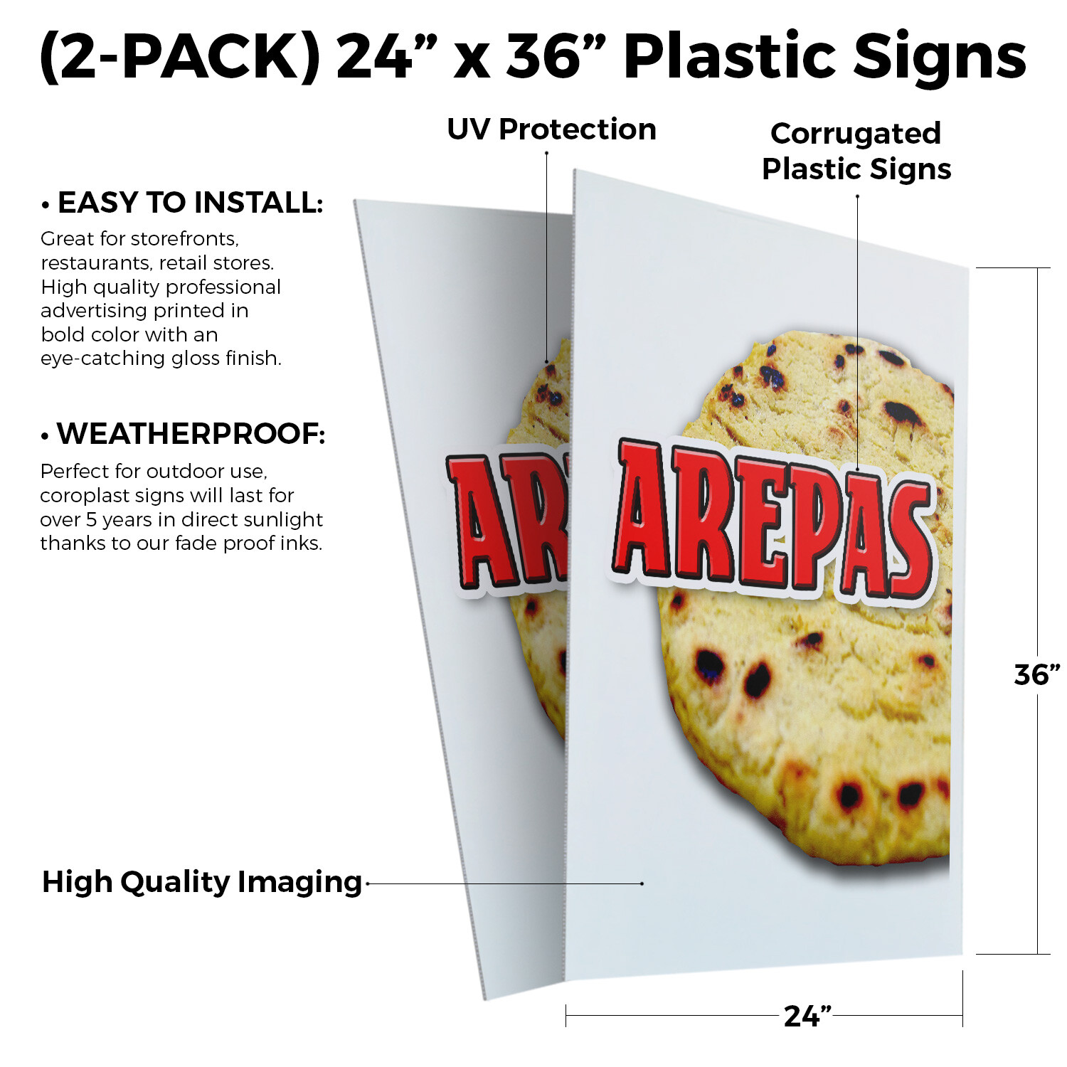 Arepas 24″ x 36″ 2 Pack Of Store Sign Plastic Or Decal