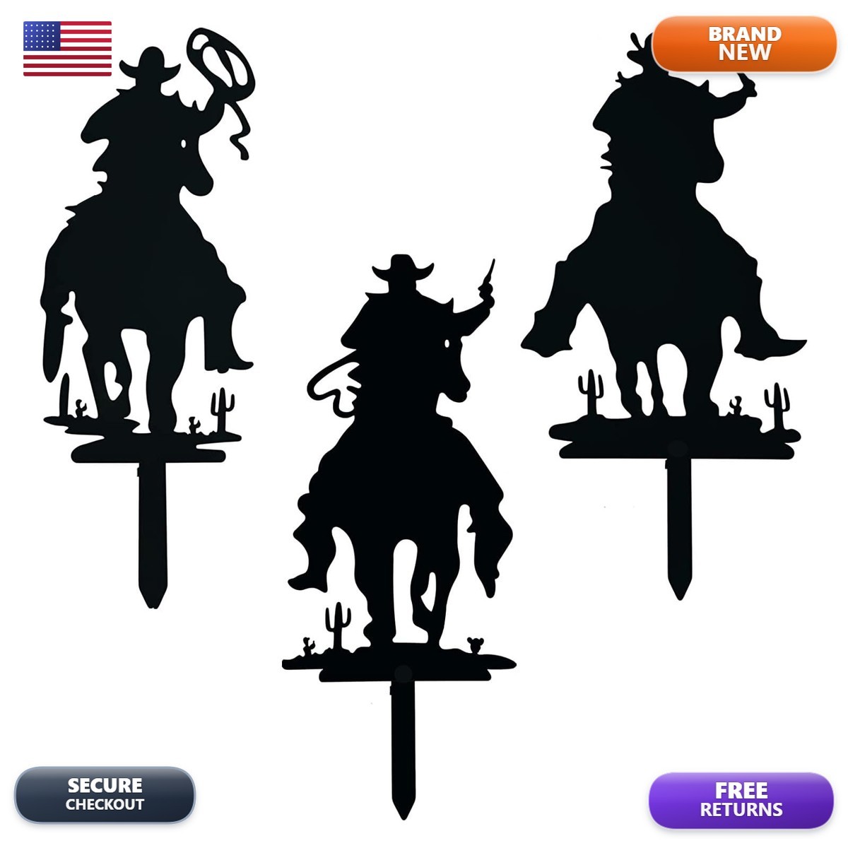 AMNGYOOK 3PCS Metal Garden Stake, Western Cowboy Silhouette Yard Sign Vintage